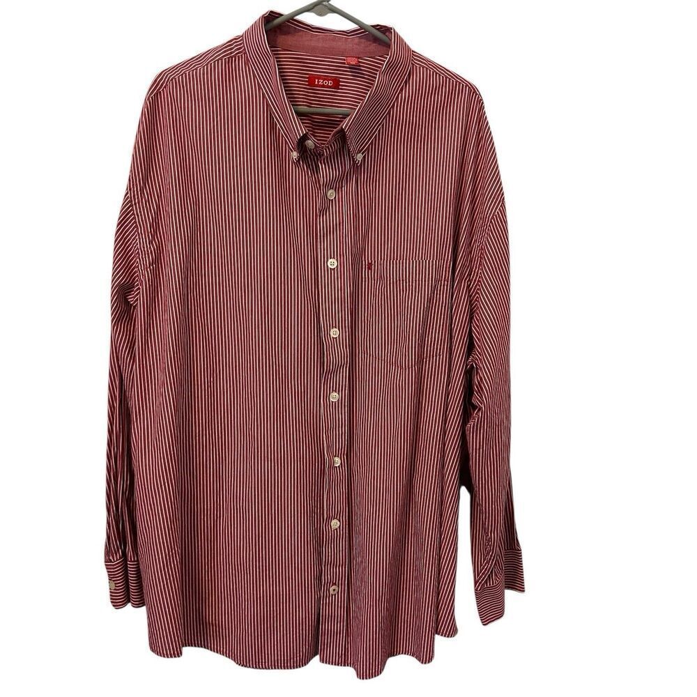 IZOD Men’s Striped Button Up Collared 4X Shirt Preppy Office Red Casual Date